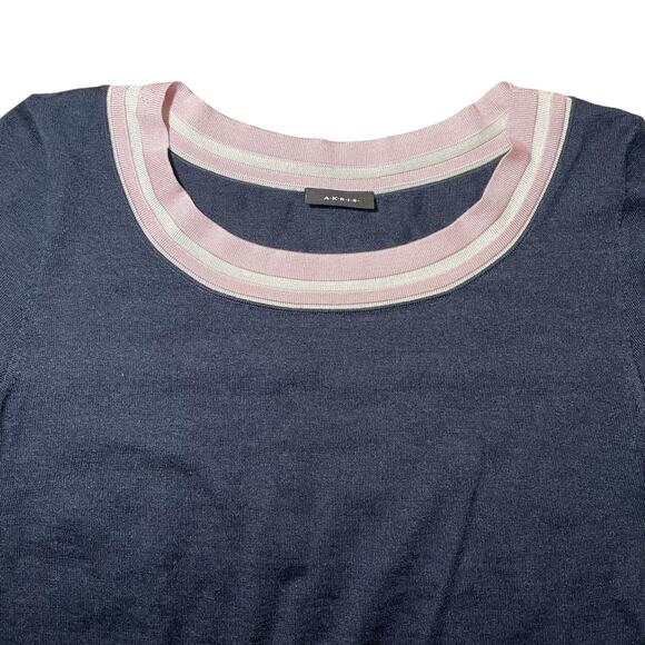AKRIS Cashmere Mulberry Silk Long Sleeve Sweater Navy Blue Pink Collar US Size 6 - Picture 2 of 9